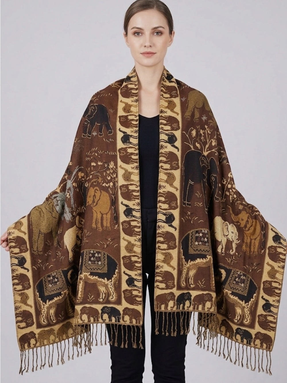Authentic Mexican Handmade Rebozo Shawl Reversible Elephant Pattern Long